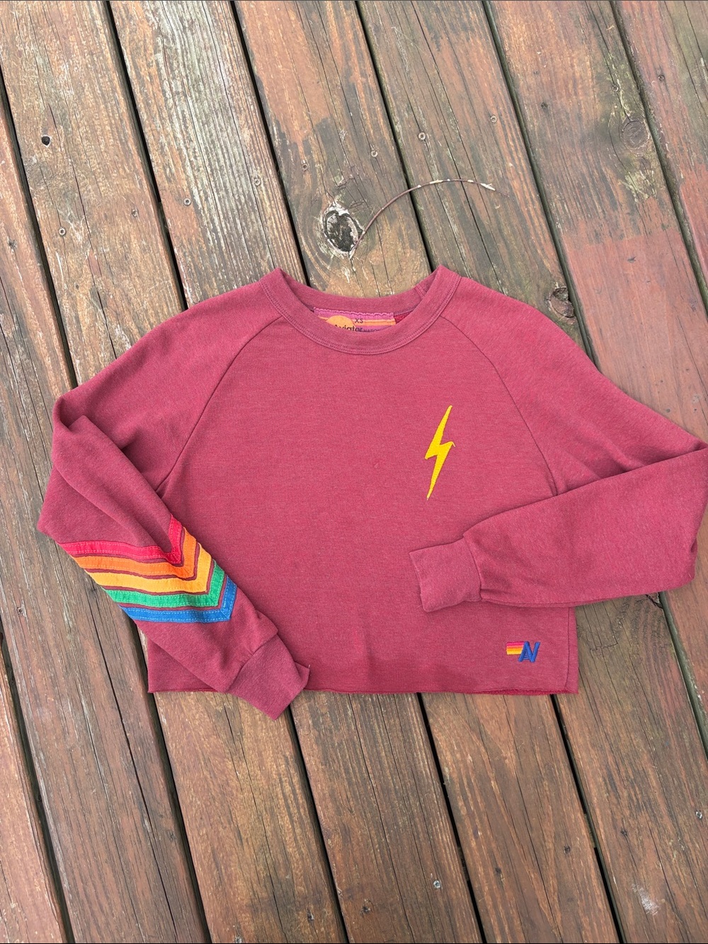 Aviator Nation Women's Burgundy Cropped Sweatshirt with Rainbow Accent